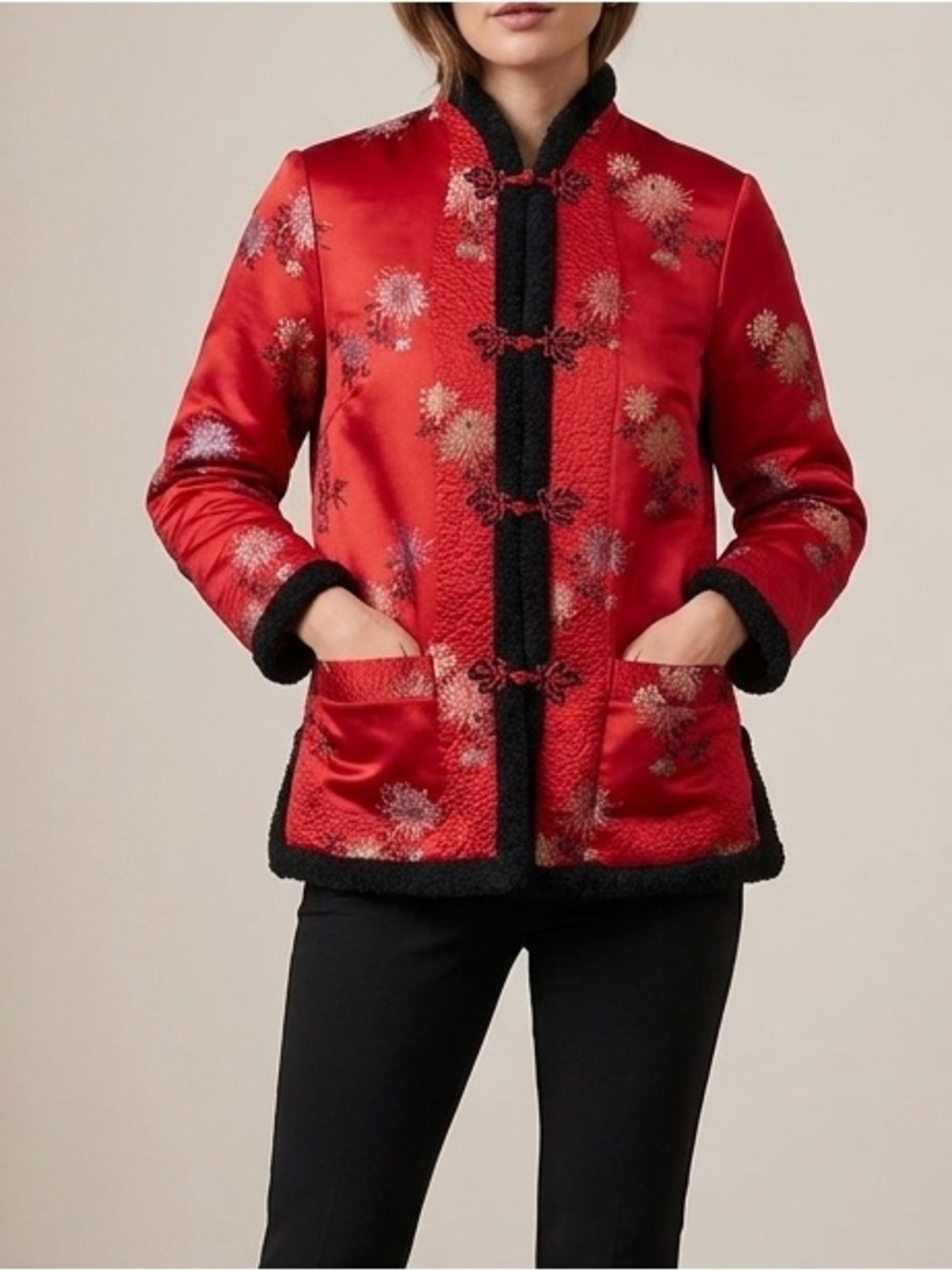 Red Floral Asian Chinese Mandarin Style Collar Bomber Jacket Size‎ Small